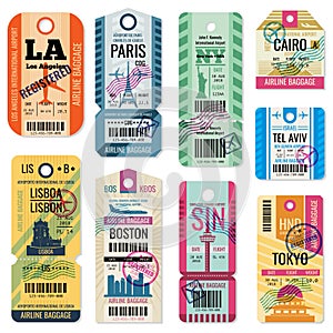 Retro travel luggage labels and baggage tickets with flight symbol vector collection