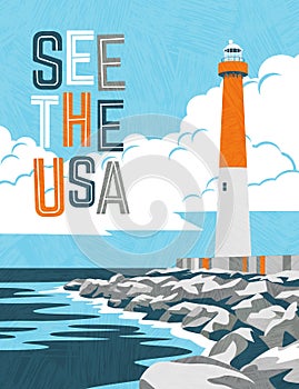 Retro travel poster design of lighthouse and rocky coast. For poster, banner, travel sticker.