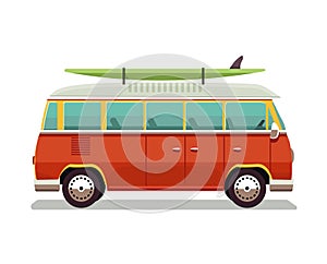 Retro travel red van icon. Surfer van. Vintage travel car. Old classic camper minivan. Retro hippie bus. Vector