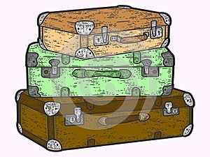 Retro travel suitcases stacked on top of each other. Sketch scratch board imitation color.