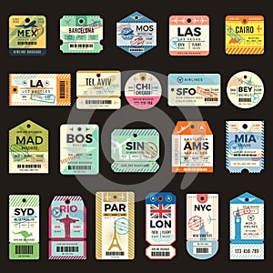 Retro travel tickets. Vintage tags for flight plane luggage ticket recent vector collection set