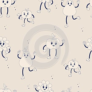 Retro trendy seamless pattern. Happy groovy cartoon characters apple, pear and flower power. Monochrome palette. Vector