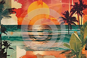 Retro tropical beach with collage art abstract background. Generative ai