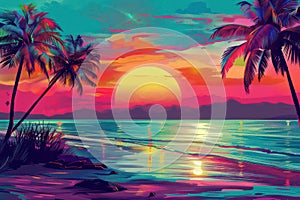 Retro tropical beach with pop art abstract background. Generative ai