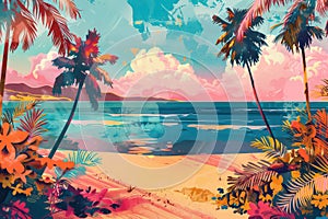 Retro tropical beach with pop art abstract background. Generative ai