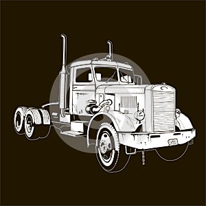 Retro truck classic diesel vehicle cargo isolated semi trailer truck 18 wheeler tractor big rig lorry white on black