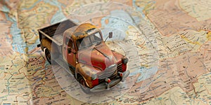 a retro truck layout standing on a paper map,a place for text,the concept of logistics and transport,cargo transportation and