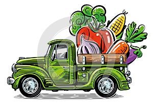 Retro truck loaded with fresh vegetables. Farm organic food. Vector illustration