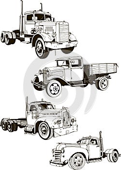 Retro truck set, monogram, black, sketch, vector, label