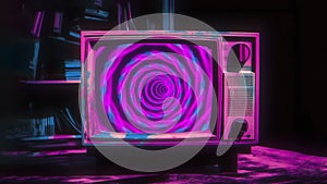 Retro tube tv, 80s television with a swirling psychedelic tunnel on a screen in a mystery room.