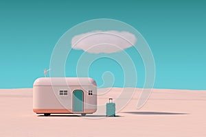 Retro Turist Camp Trailer with Suitcase in Desert with Cloud. 3d Rendering