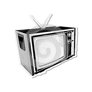 Retro TV with antennae in halftone dotted vintage style. Torn out collage design element. Vector illustration.