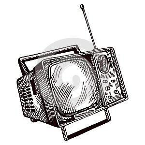 Retro TV engraved isolated on white background. Vintage television with antenna in hand drawn style