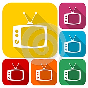 Retro tv icons set with long shadow , 6 Colors Included