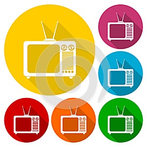 Retro TV icons set with long shadow