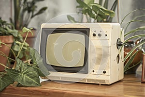 Retro tv in old room with indoor flowers