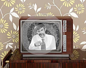 Retro tv presenter mustache man wood television