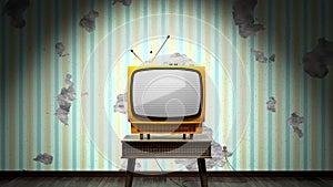 Retro TV receiver with green screen standing on a table, wallpaper with stripes on cracked wall in background