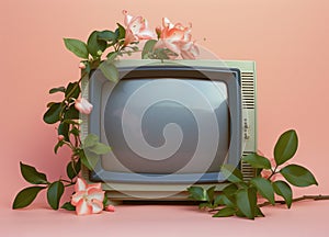 Retro TV set with flowers growing against pastel peach background.