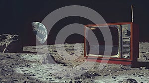 A retro TV set on the moon\'s surface suggests television broadcasting in space, Ai Generated