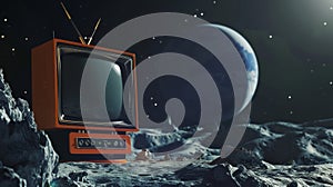 A retro TV set on the moon\'s surface suggests television broadcasting in space, Ai Generated