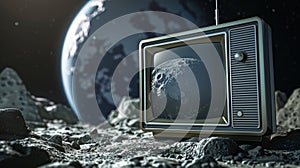 A retro TV set on the moon\'s surface suggests television broadcasting in space, Ai Generated