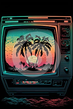 Retro TV set with palm trees and sunset. Vector illustration. photo