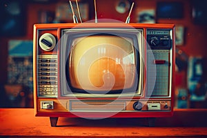 A retro TV set with rabbit ears, focusing on the grainy screen and the aesthetic of old technology