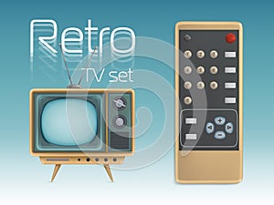 Retro TV set and remote control illustration for media broadcasting, news or entertainment poster