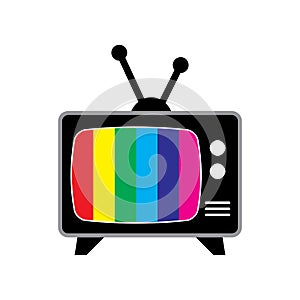 Retro tv symbol. Icon of old television screen with colored stripes. Simple cartoon design. Vector illustration isolated on white