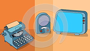 Retro tv, television retro radio, retro typewriter. Vintage communication. Pastel orange background. Vector illustration.