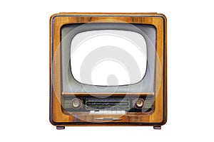 Retro tv with wooden case isolated on white background. Retro television - old vintage TV