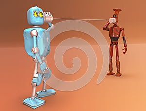 Retro two robots talking on tin can phones. 3d render