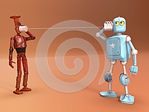 Retro two robots talking on tin can phones. 3d render