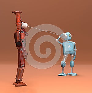 Retro two robots talking on tin can phones. 3d render