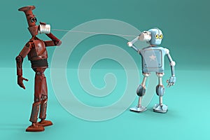 Retro two robots talking on tin can phones. 3d render