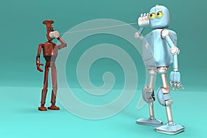 Retro two robots talking on tin can phones. 3d render