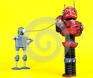 Retro two robots with tin can phones. 3d render