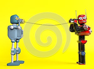 Retro two robots with tin can phones. 3d render
