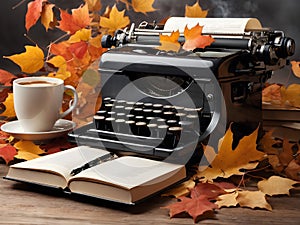 Retro typewriter, books and autumn leaves on a wooden table