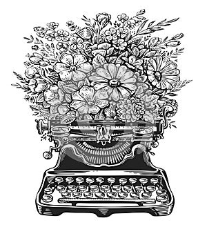 Retro typewriter and flowers illustration. Vintage equipment machine with keyboard buttons