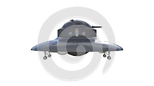 Retro UFO Spaceship, vintage flying saucer, spacecraft isolated on white background, side view, 3D render