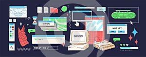 Retro UI elements set. Items of user interface of vaporwave style. Design of frames, digital window of computer. y2k PC