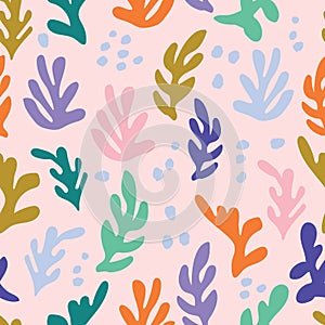 Retro underwater multicolored seaweed seamless pattern on pink background.