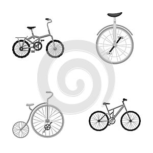 Retro, unicycle and other kinds.Different bicycles set collection icons in monochrome style vector symbol stock