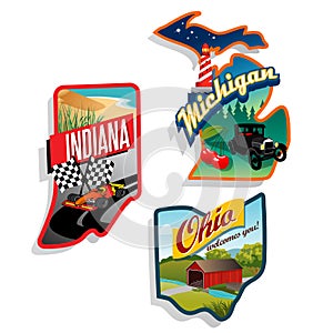 Retro US State illustrations Indiana, Ohio, Michig