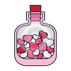 Retro Valentine Day icon bottle with hearts. Love symbol in the fashionable pop line art style. The cute flacon is in