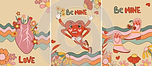 Retro Valentine's Day cards collection. Features cartoon groovy romantic elements and holiday hippie characters