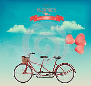 Retro Valentine`s Day holiday background with tandem bicycle with heart shape balloons.