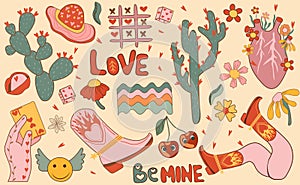 Retro Valentine's Day sticker collection. Features cartoon groovy romantic elements and holiday hippie characters